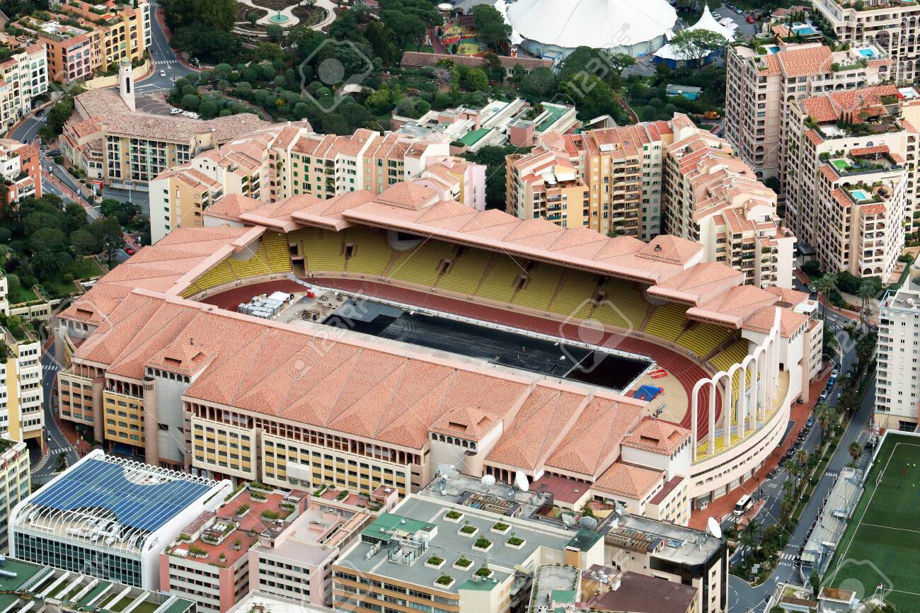 Fontvieille Monaco May 18 2018 Beautiful Aerial View Of The Louis Ii Stadium Home Of The Monaco And Monaco National Football Team And Fontvieille District In Monaco South Of France Stock