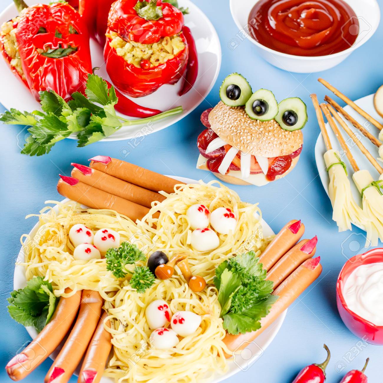 Halloween Party Food Stuffed Peppers With Scary Faces Cheese Stock Photo Picture And Royalty Free Image Image 108431787