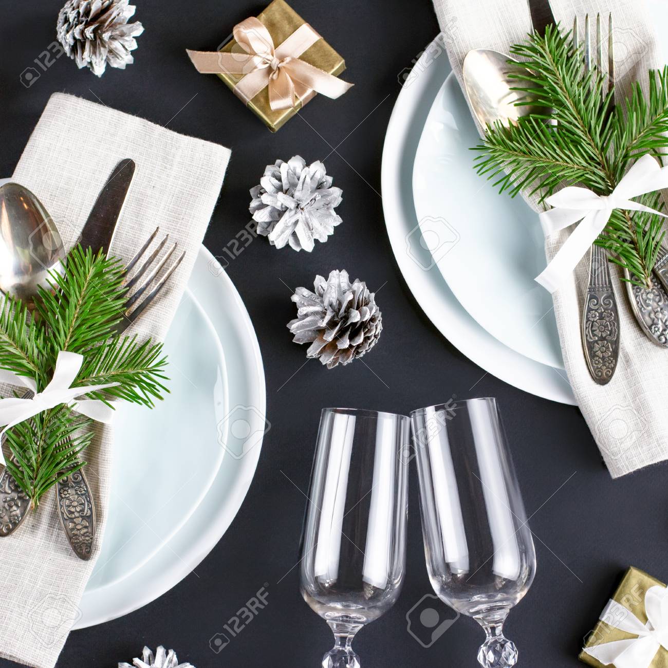 Christmas Table Setting With Plates Silverware Gift Box And Stock Photo Picture And Royalty Free Image Image 110742702