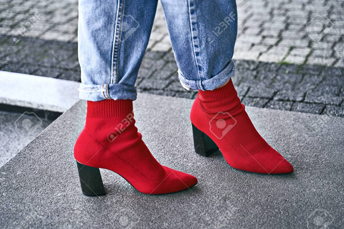 red sock boots block heel