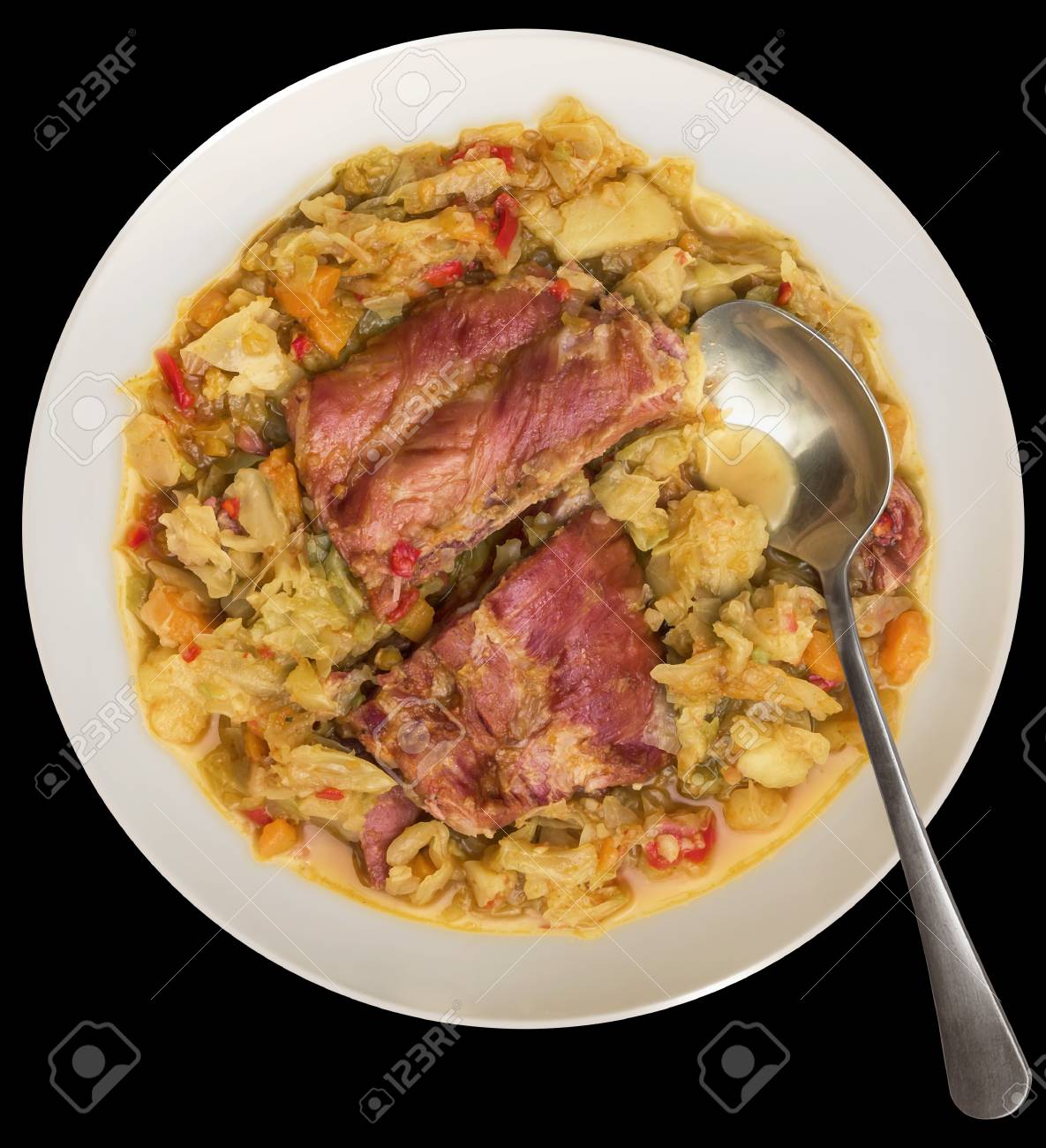 Plateful Of Cooked Cabbage With Smoked Pork Ribs Served With Stock Photo Picture And Royalty Free Image Image 68784169