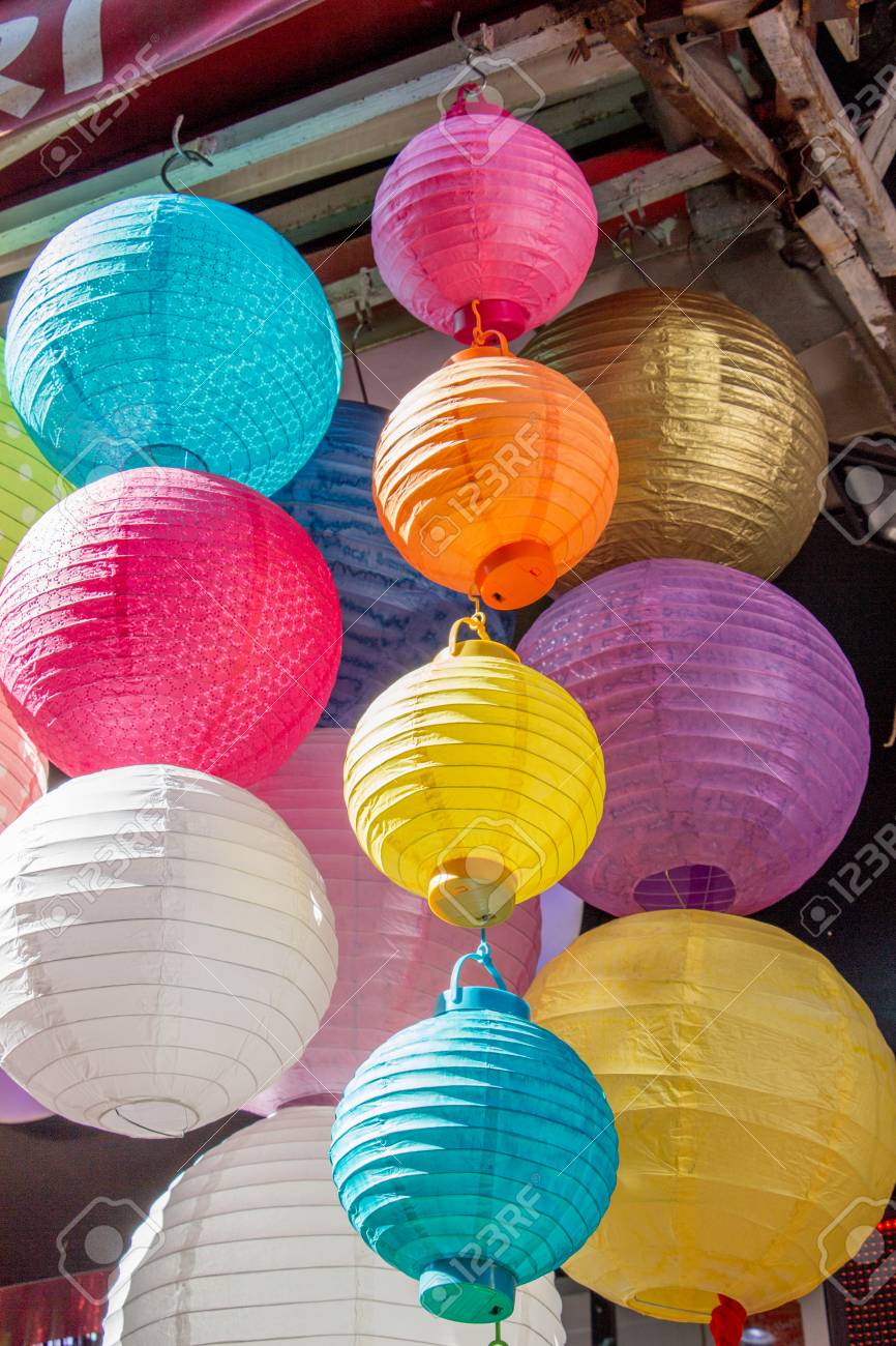 colorful paper lantern outdoor in the marketplace stock photo