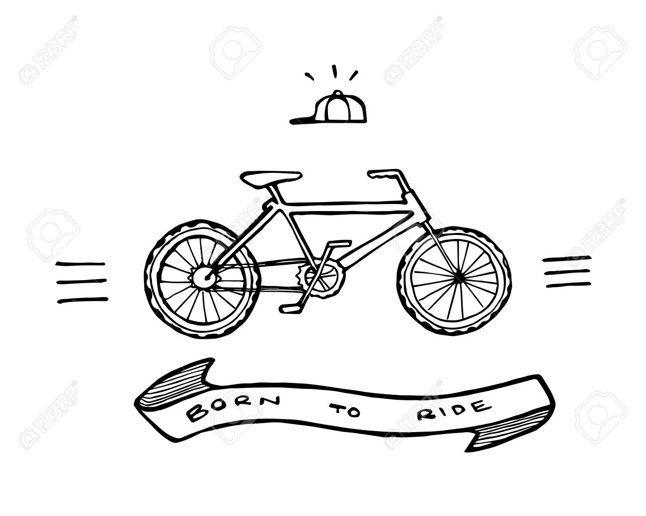 手描きのベクトル イラストや自転車 キャップと言うに乗る生まれリボンのレトロな古い学校の入れ墨のスタイルの描画 のイラスト素材 ベクタ Image