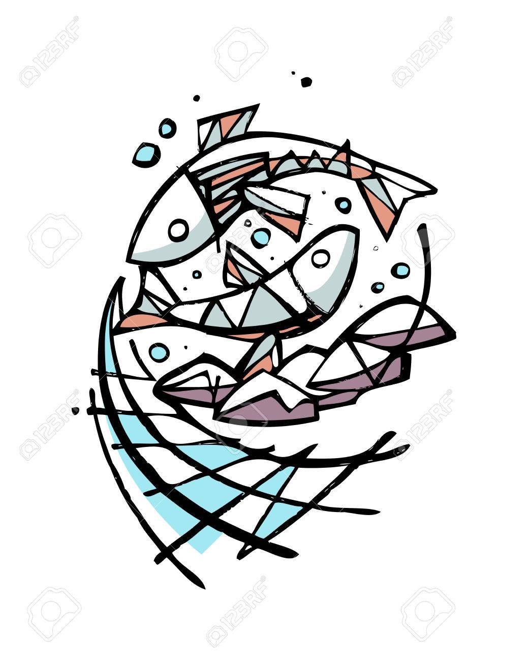 手描きのベクトル図または描画の 5 つのパンと 2 種類の魚 イエス キリストの聖書の奇跡を表す のイラスト素材 ベクタ Image 56035285