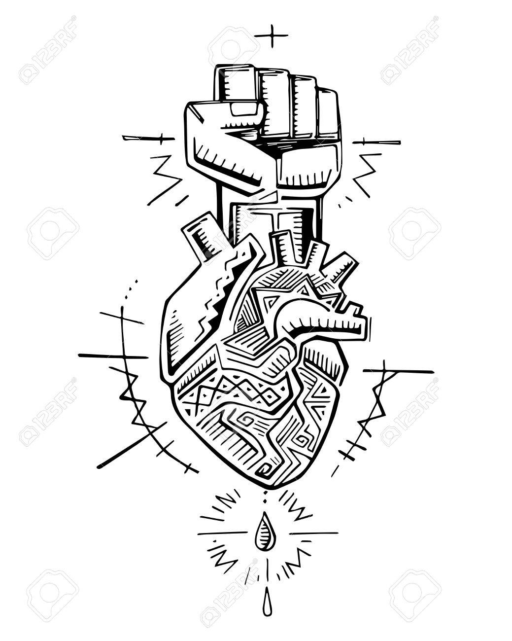 手描きのベクトル図や人間の心と先住民のシンボルと拳の図面 のイラスト素材 ベクタ Image