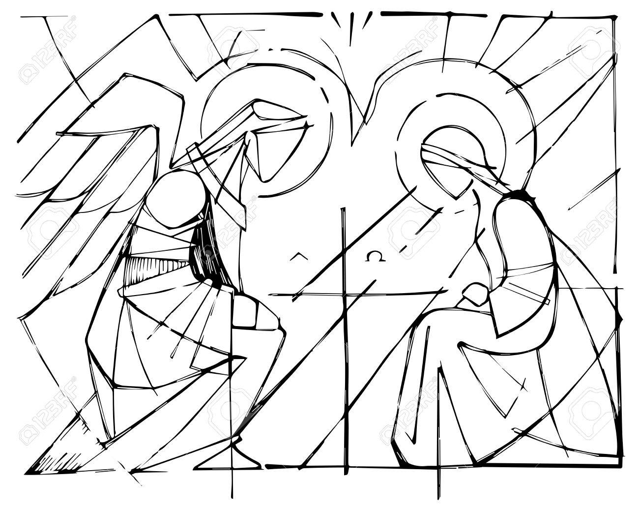 手描きのベクトル図または受胎告知の聖母マリアと大天使ガブリエルの図面 のイラスト素材 ベクタ Image