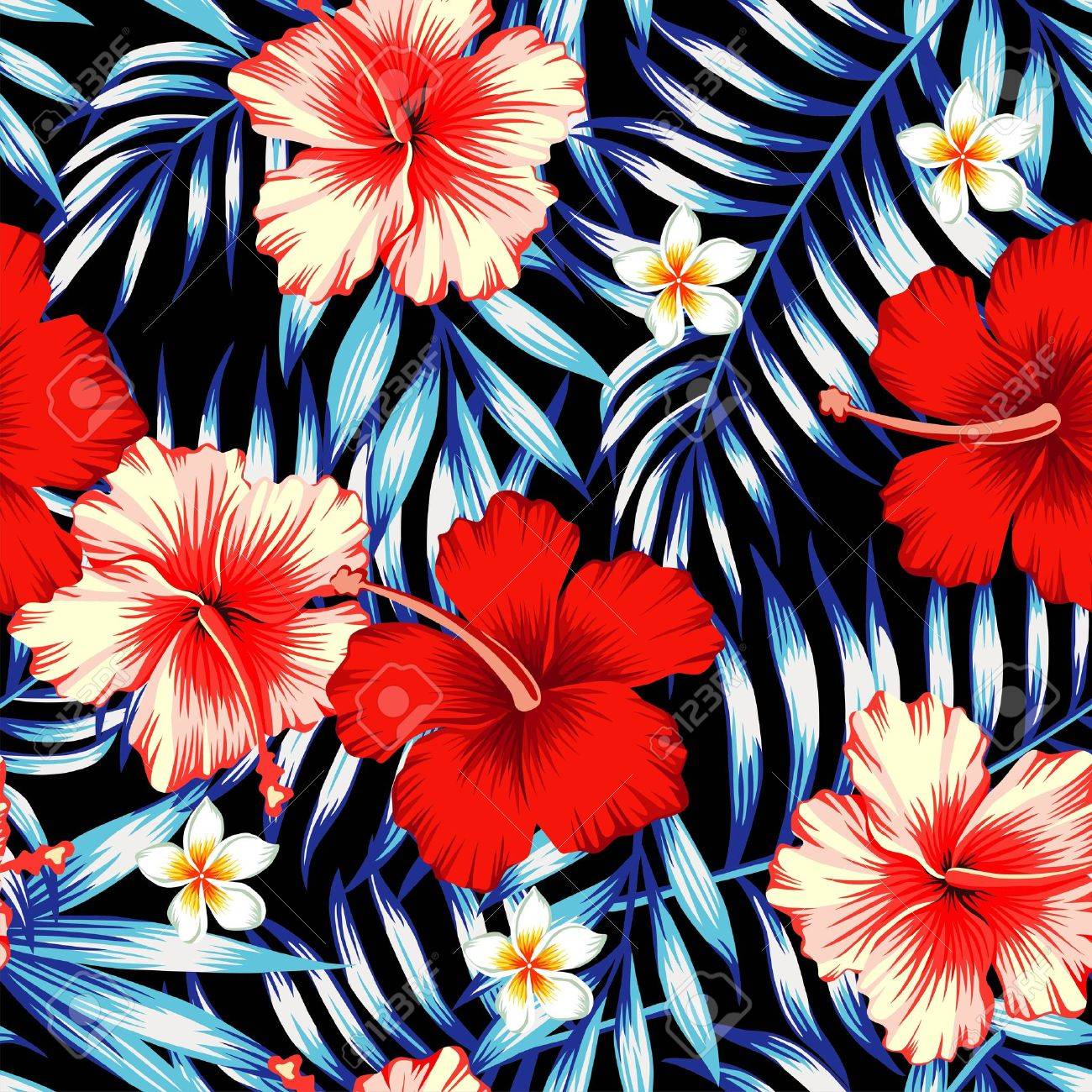 Red And Pink Hibiscus Flower On A Background Of Palm Leaves And Plumeria In  A Trendy Blue Style. Hawaiian Tropical Natural Floral Seamless Pattern  Royalty Free SVG, Cliparts, Vectors, and Stock Illustration., image size:1300x1300