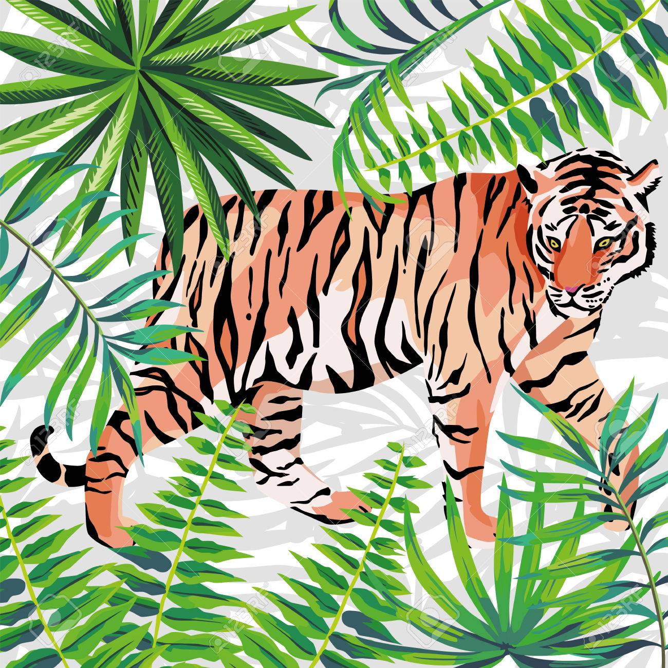 Walking Tiger In The Jungle With Green Leaves Beautiful Tropical