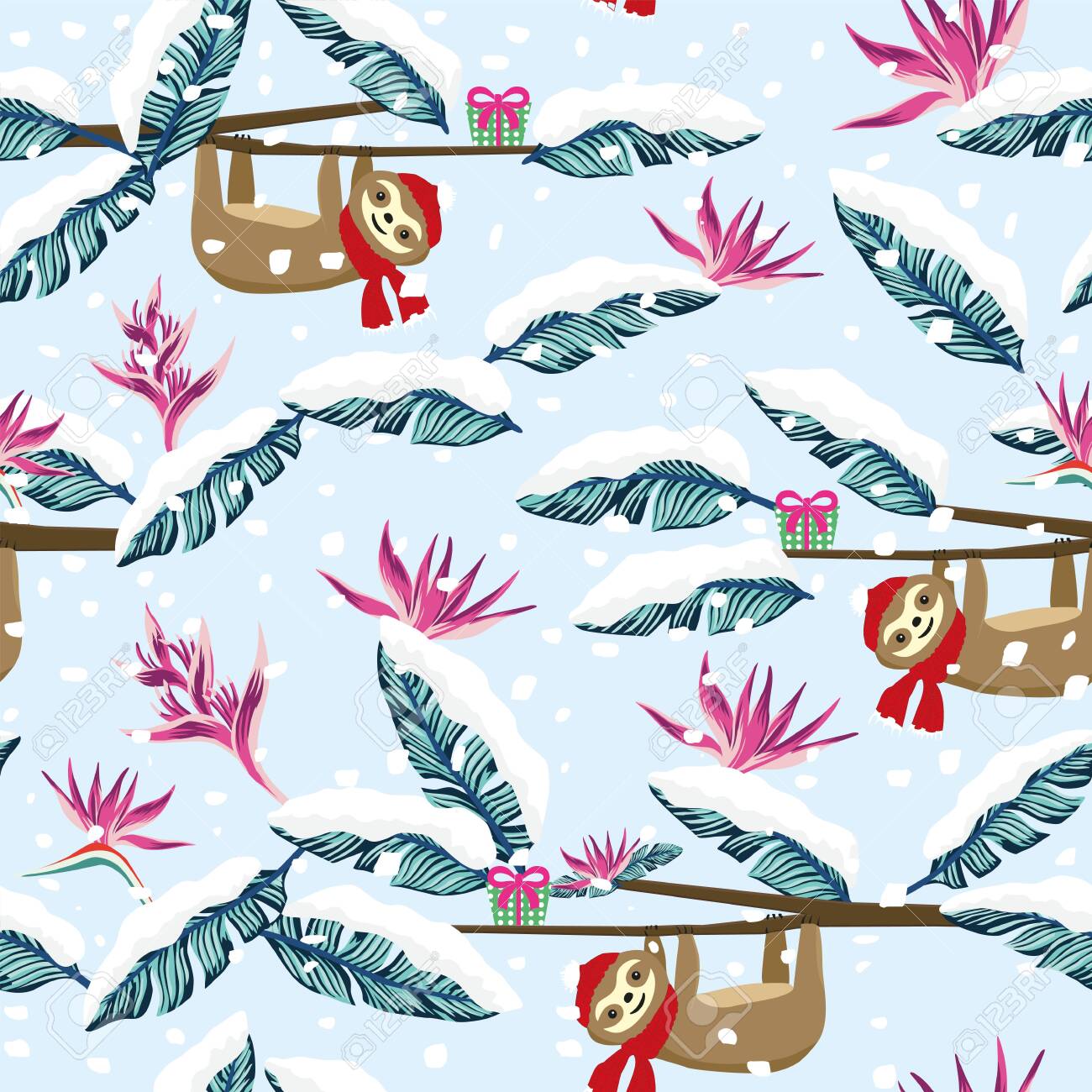 Funny Cartoon Sloth Xmas Gift Box Snowy Tropical Jungle Seamless Royalty Free Cliparts Vectors And Stock Illustration Image