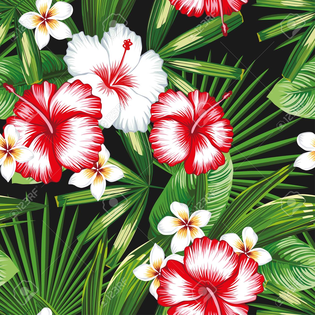 Beautiful Red And White Exotic Tropical Flowers Hibiscus, Plumeria,  Frangipani And Green Palm, Banana, Fern Leaves Seamless Vector Pattern On  Black Background. Beach Summer Trendy Illustration. Royalty Free SVG,  Cliparts, Vectors, and, image size:1300x1300
