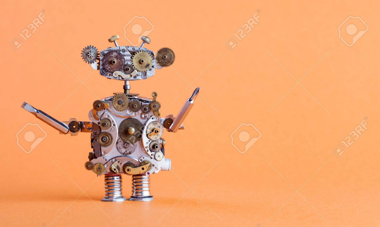 ドライバーでスチーム パンクなスタイルのロボットの便利屋 おもちゃ機械文字を修理サービスのコンセプト 高齢者の歯車 歯車ホイール手時計部品 ぼろぼろのグランジ テクスチャ オレンジ色の背景 Copyspace の写真素材 画像素材 Image ドライバーでスチーム パンクなスタイルのロボットの便利屋 おもちゃ機械文字を修理サービスのコンセプト 高齢者の歯車 歯車ホイール手時計部品 ぼろぼろのグランジ テクスチャ オレンジ色の背景 Copyspace の写真素材 画像素材 Image