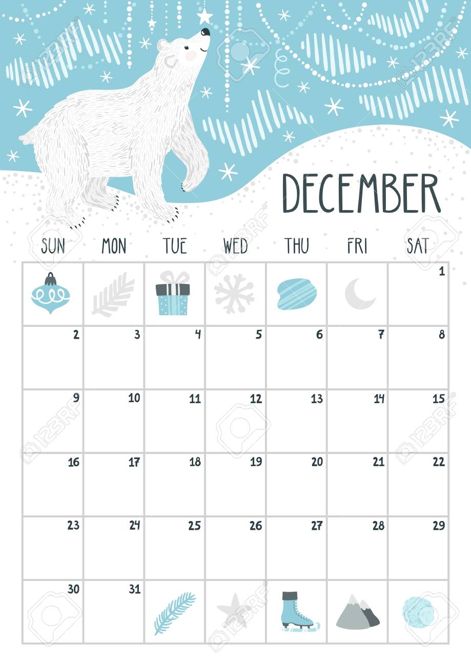 vector monthly calendar with cute polar bear december 2018