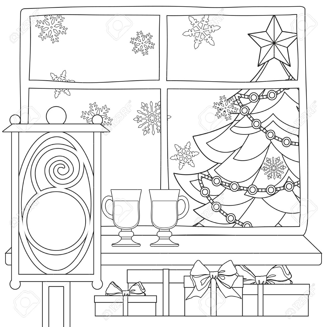 Albero Di Natale Con Regali Da Colorare.Vettoriale Poster A Tema Natale Con Albero Di Natale Stella Luce Ghirlanda Fiocchi Di Neve Regali Vin Brule Lanterna Stradale Pagina Del Libro Da Colorare Per Adulti E Bambini Illustrazione Vettoriale