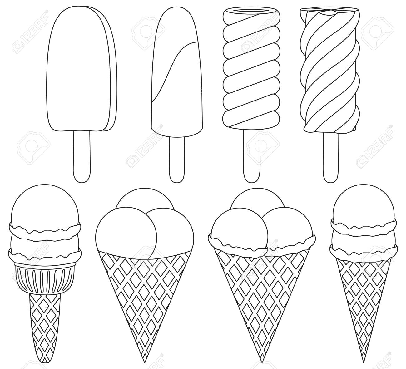 アイスクリームコーン黒と白のアイコンセット要素 大人と子供のための塗り絵のページ のイラスト素材 ベクタ Image