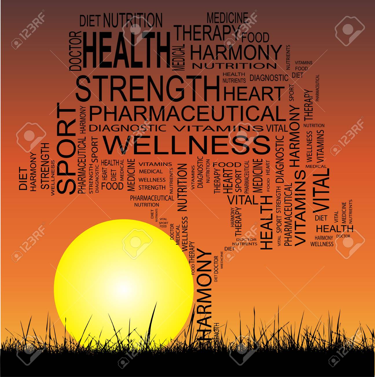 conceptual health tree at sunset word cloud with sun and grass stock photo 36021808