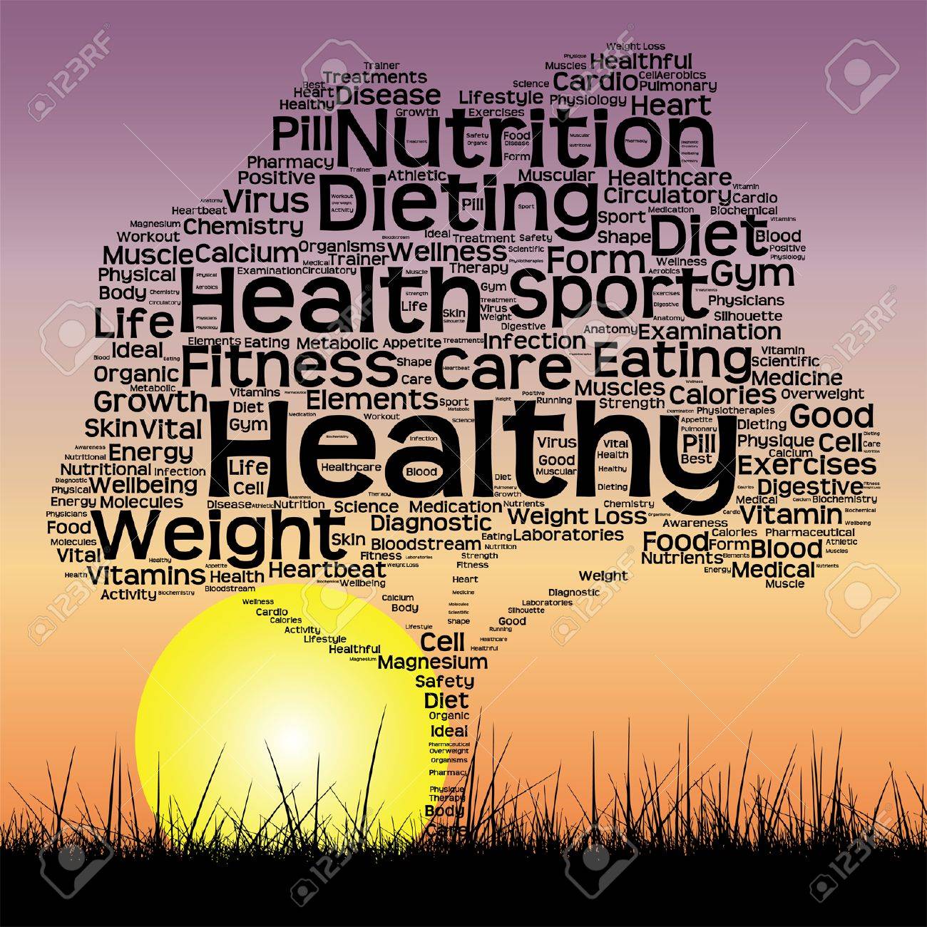 vector vector conceptual health tree at sunset word cloud with sun and grass