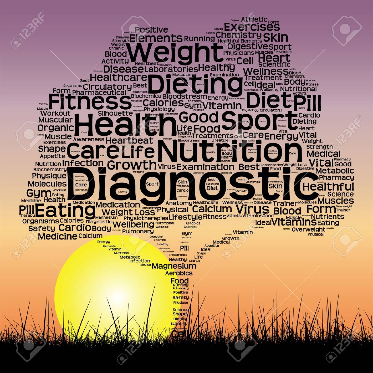 vector vector conceptual health tree at sunset word cloud with sun and grass