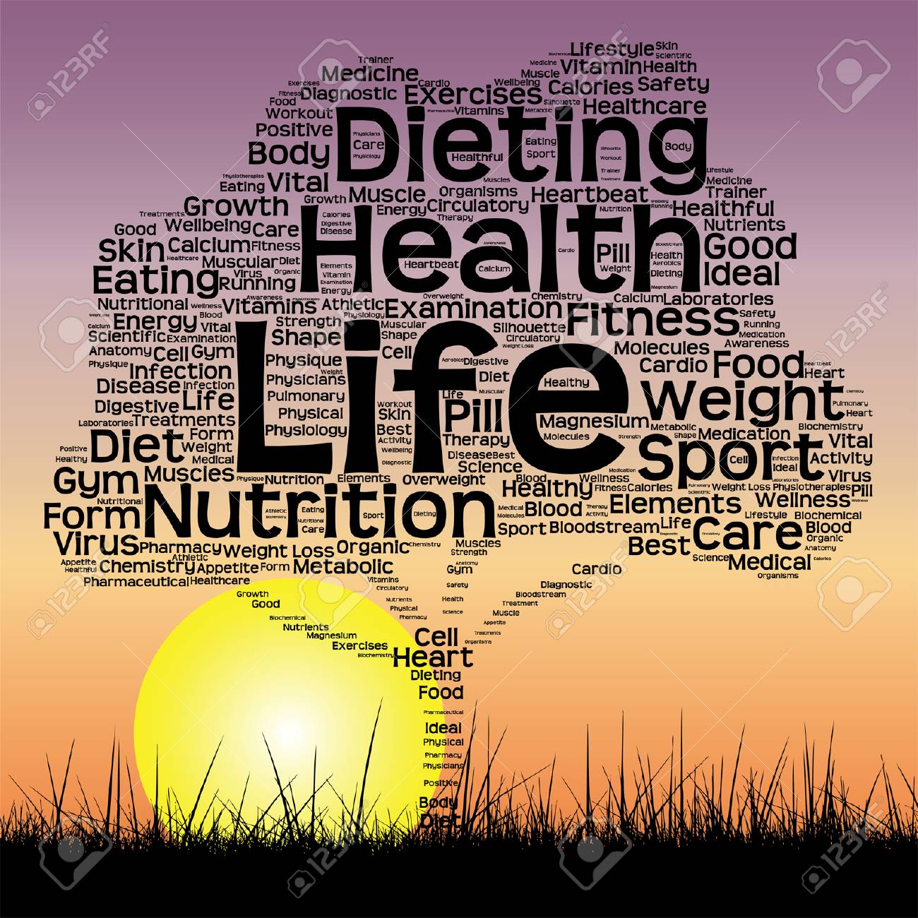 vector vector conceptual health tree at sunset word cloud with sun and grass