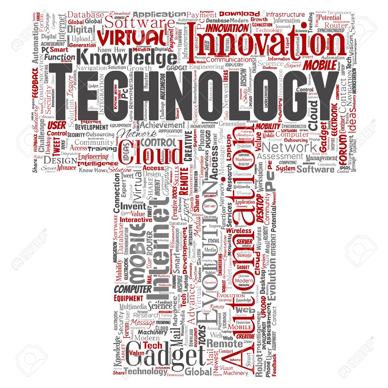 ベクトル概念デジタルスマート技術 イノベーションメディア文字フォントtワードクラウド孤立した背景 情報 インターネット 将来の発展 研究 進化または知性のコラージュのイラスト素材 ベクタ Image