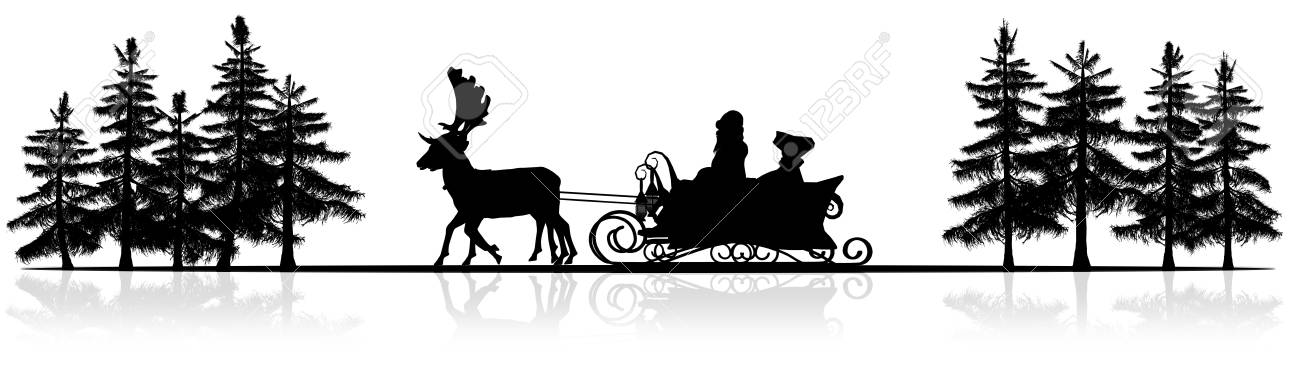 Weihnachten Panorama - Santa Claus Schlitten, Rendeers, Bäume - Silhouette Mit Reflexion Lizenzfreie Fotos, Bilder Und Stock Fotografie. Image 48358712.