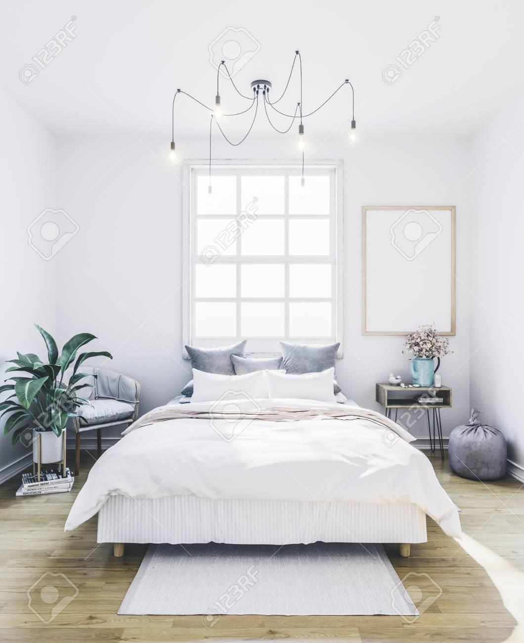 Download Empty Frame In Interior Poster Mockup In Bedroom Stock Photo Picture And Royalty Free Image Image 113727814