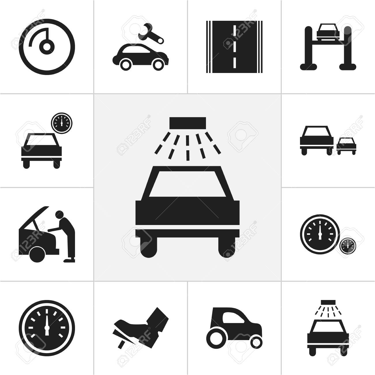 12 編集車アイコンのセットです 自動車 速度表示やレースなどの記号が含まれていますのイラスト素材 ベクタ Image