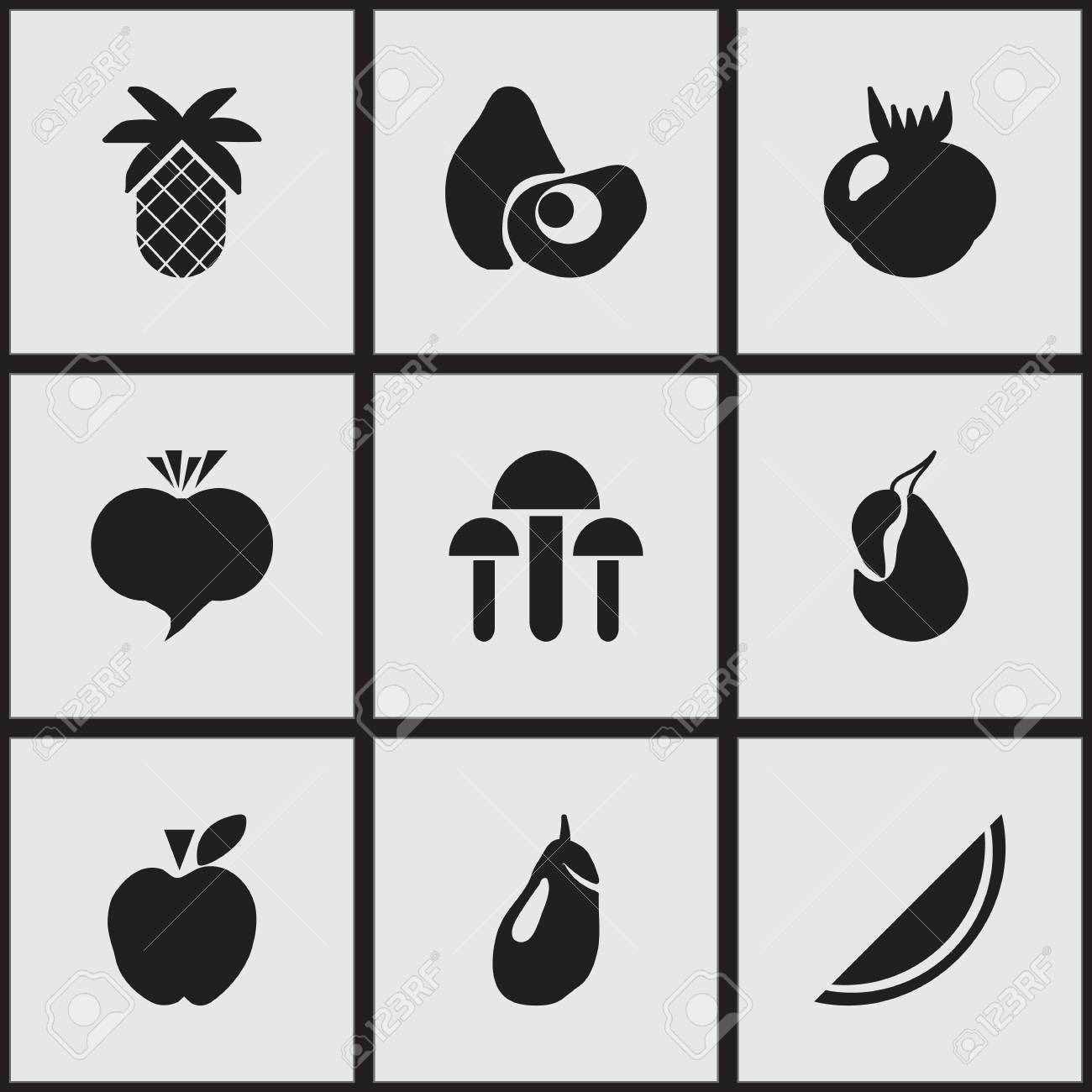 set of 9 editable fruits icons includes symbols such as champignon