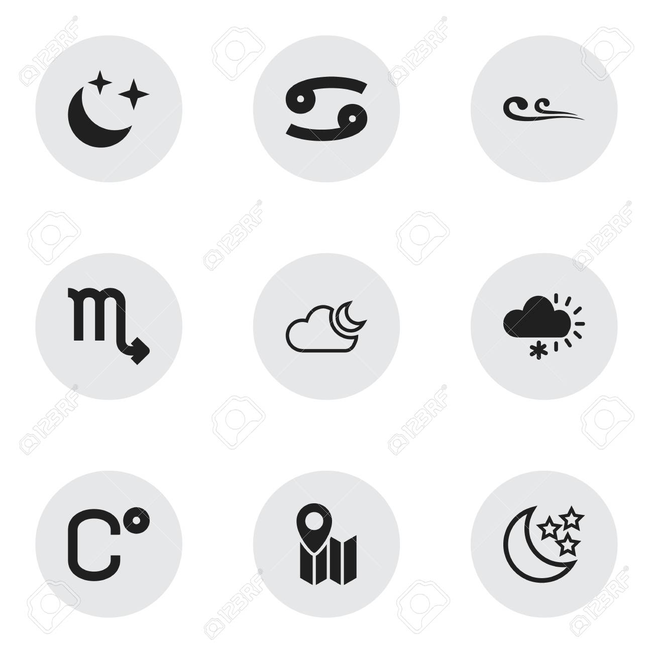 9つの編集可能なエアーアイコンのセット ムーンシャイン 冷ややか そよ風などのシンボルが含まれています のイラスト素材 ベクタ Image