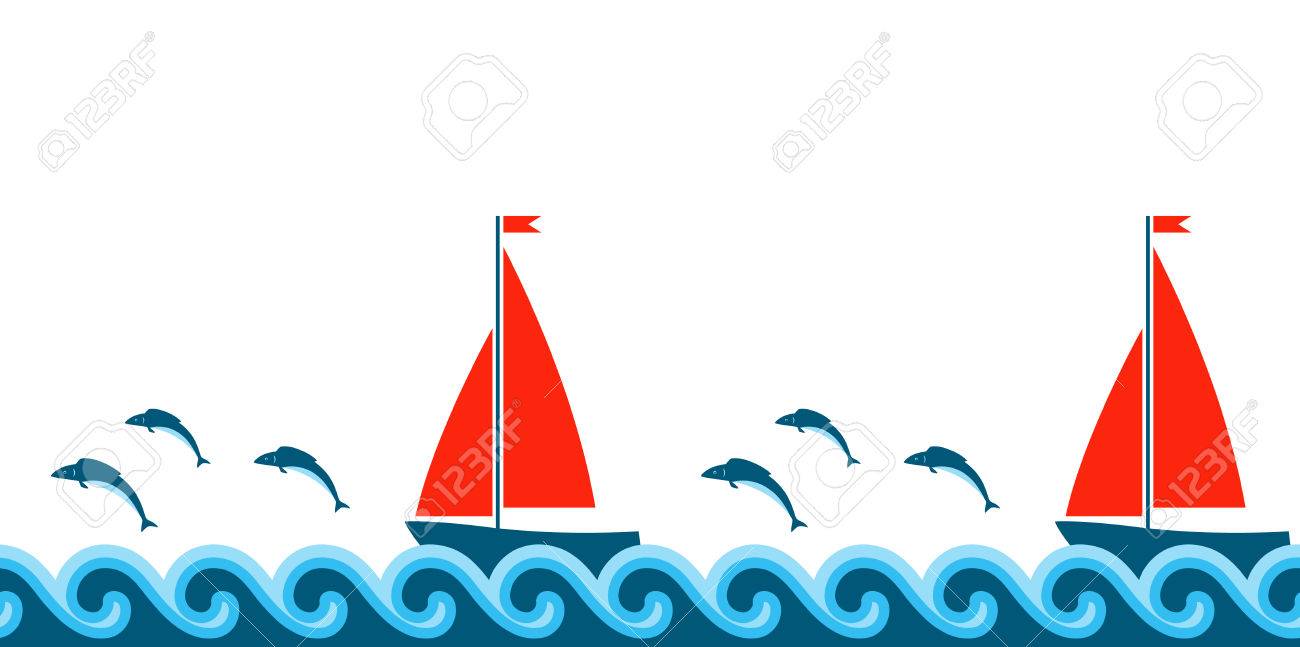 Seamless Border With Waves, Fishes And Sailboats On White Background  Royalty Free SVG, Cliparts, Vectors, and Stock Illustration. Image 7704418., image size:1300x647