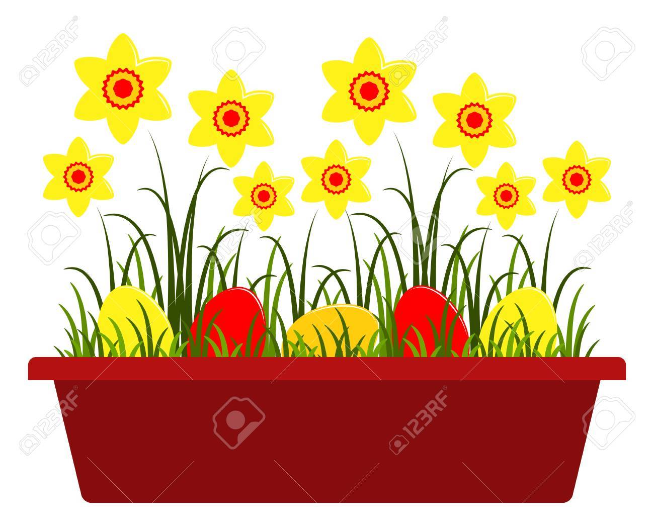水仙と白い背景で隔離のプランターでイースターの卵をベクトルします のイラスト素材 ベクタ Image