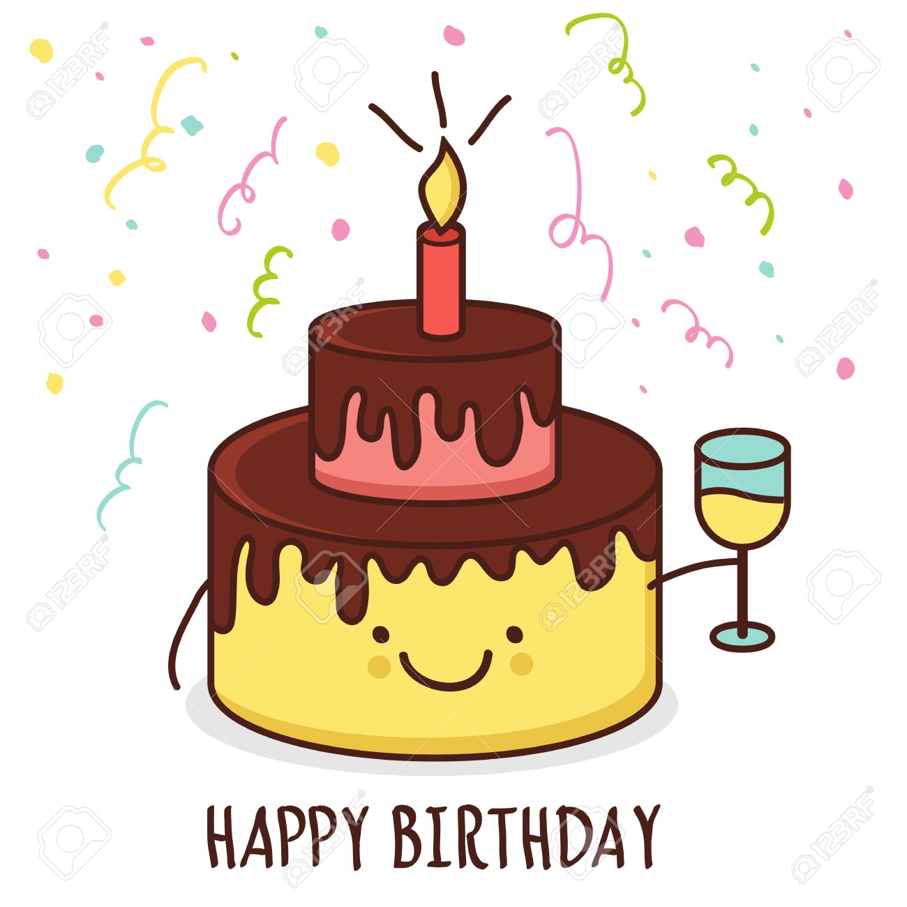 Cute Cartoon Smiling Cake With Glass Of Champagne. Vector Illustration. Happy  Birthday Greeting Card. Royalty Free SVG, Cliparts, Vectors, and Stock  Illustration. Image 35173481., image size:1300x1300