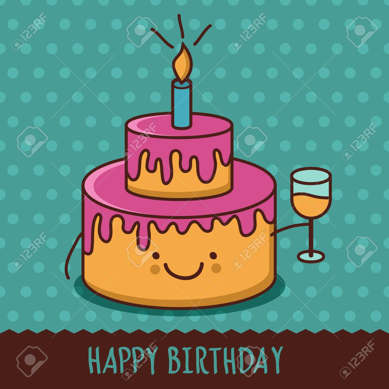 グラス シャンパン ケーキを笑顔かわいい漫画 ベクトルの図 幸せな誕生日のグリーティング カード のイラスト素材 ベクタ Image