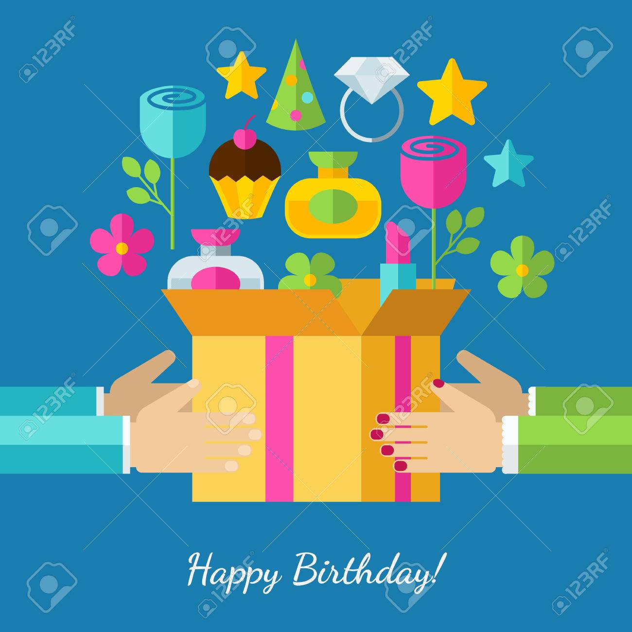 誕生日グリーティング カード Web と携帯電話サービスおよびアプリのフラットなデザイン コンセプトのアイコンのセットです ギフト イラスト背景を持つ手 のイラスト素材 ベクタ Image