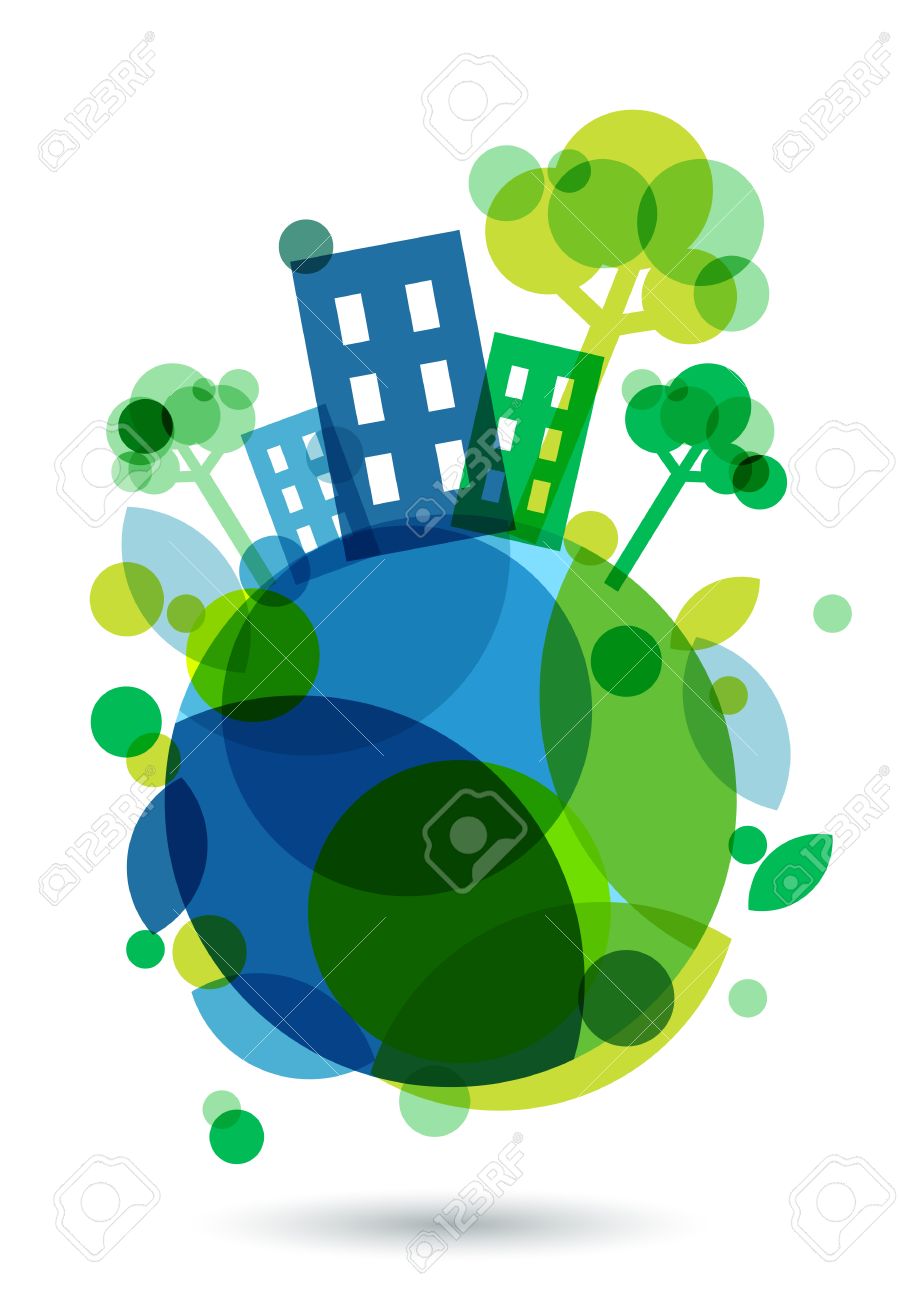 地球上のカラフルな家のシルエットと緑木 抽象的なベクトル イラスト 生態背景の概念は 地球の日を保存します のイラスト素材 ベクタ Image