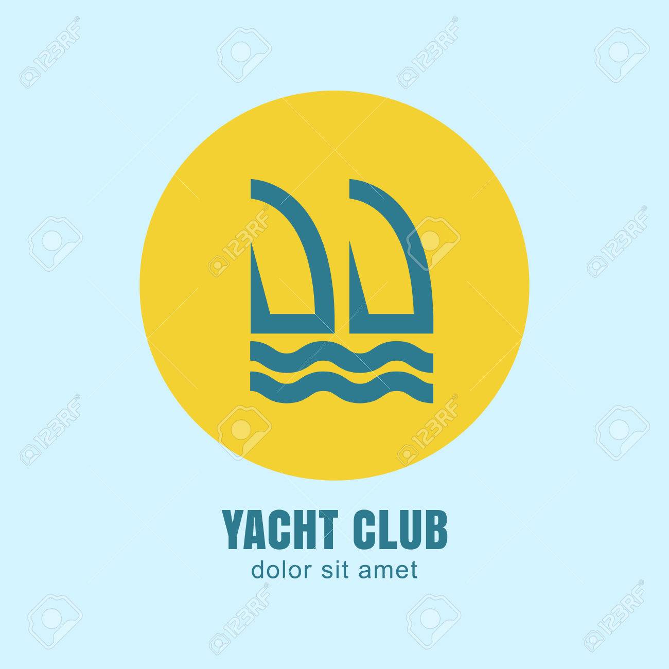 two yachts silhouettes in yellow circle sun on blue background