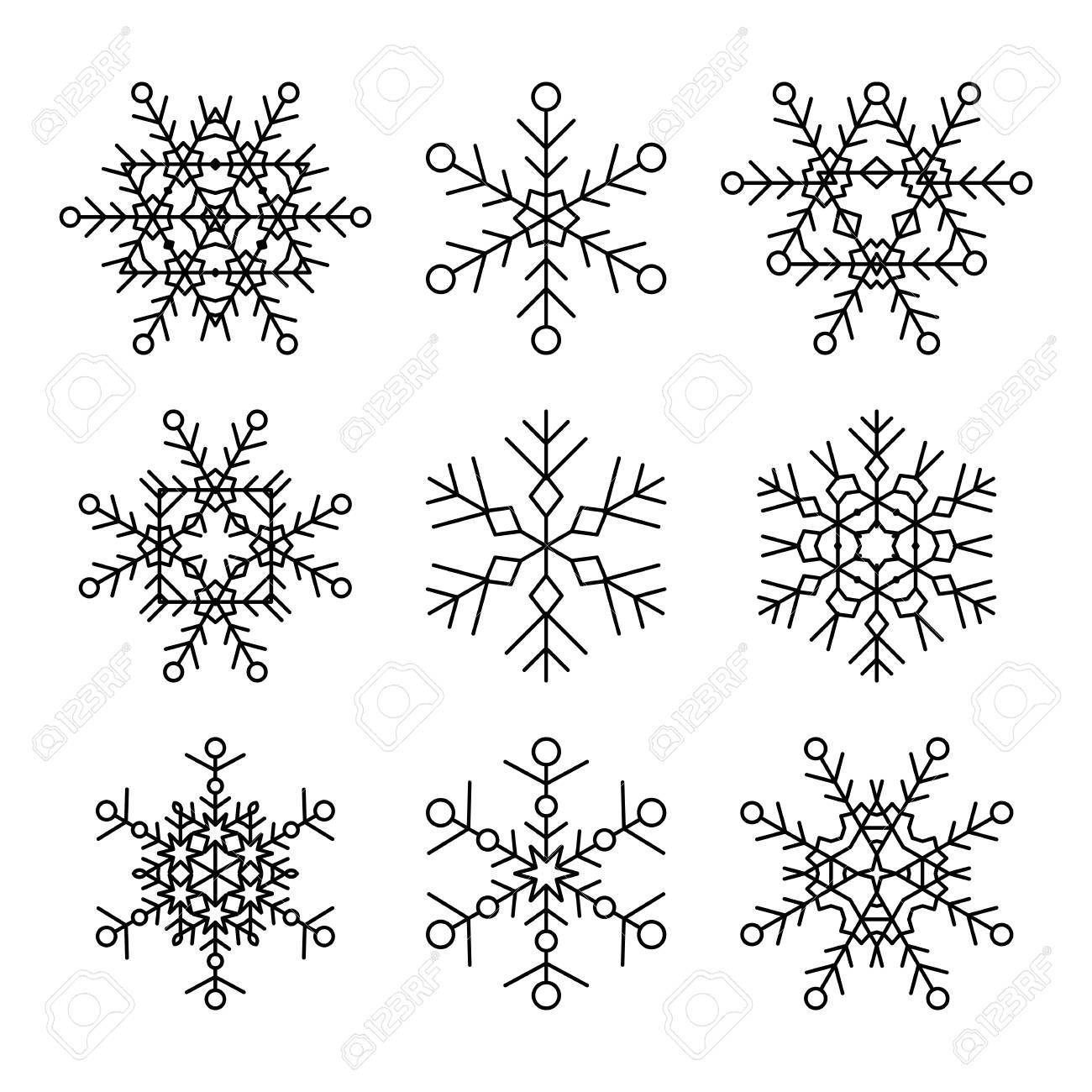 9 つのベクトル簡単な線形雪の結晶アイコンのセットです 流行に敏感な黒と白のデザイン要素です ホリデー フラット イラスト のイラスト素材 ベクタ Image