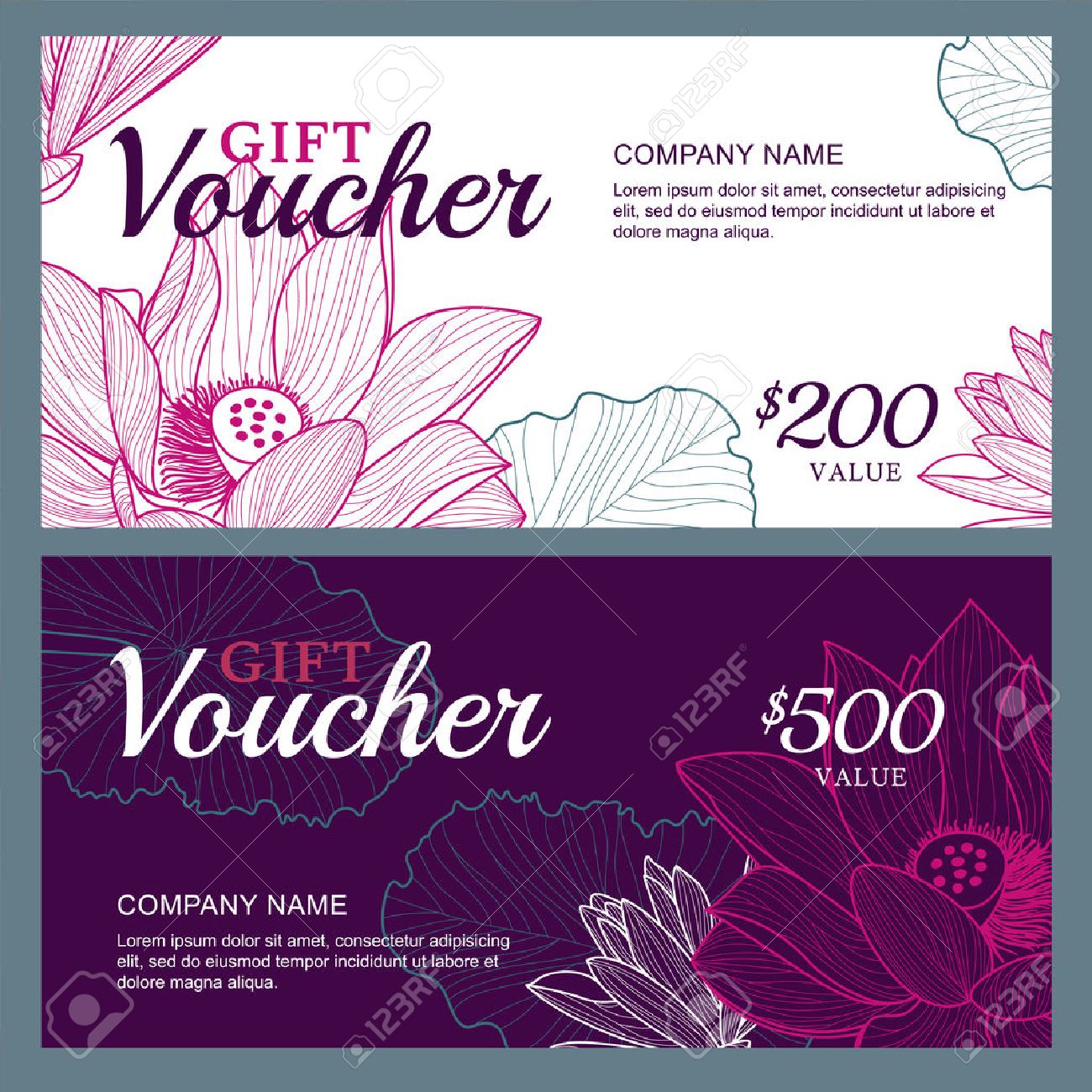 Vector gift voucher template with lotus, lily flowers. Business floral card template. Abstract background. Concept for boutique, jewelry, floral shop, beauty salon, spa, fashion, flyer, banner design. - 47876466 Vector gift voucher template with lotus, lily flowers. Business floral card template. Abstract background. Concept for boutique, jewelry, floral shop, beauty salon, spa, fashion, flyer, banner design. - 47876466