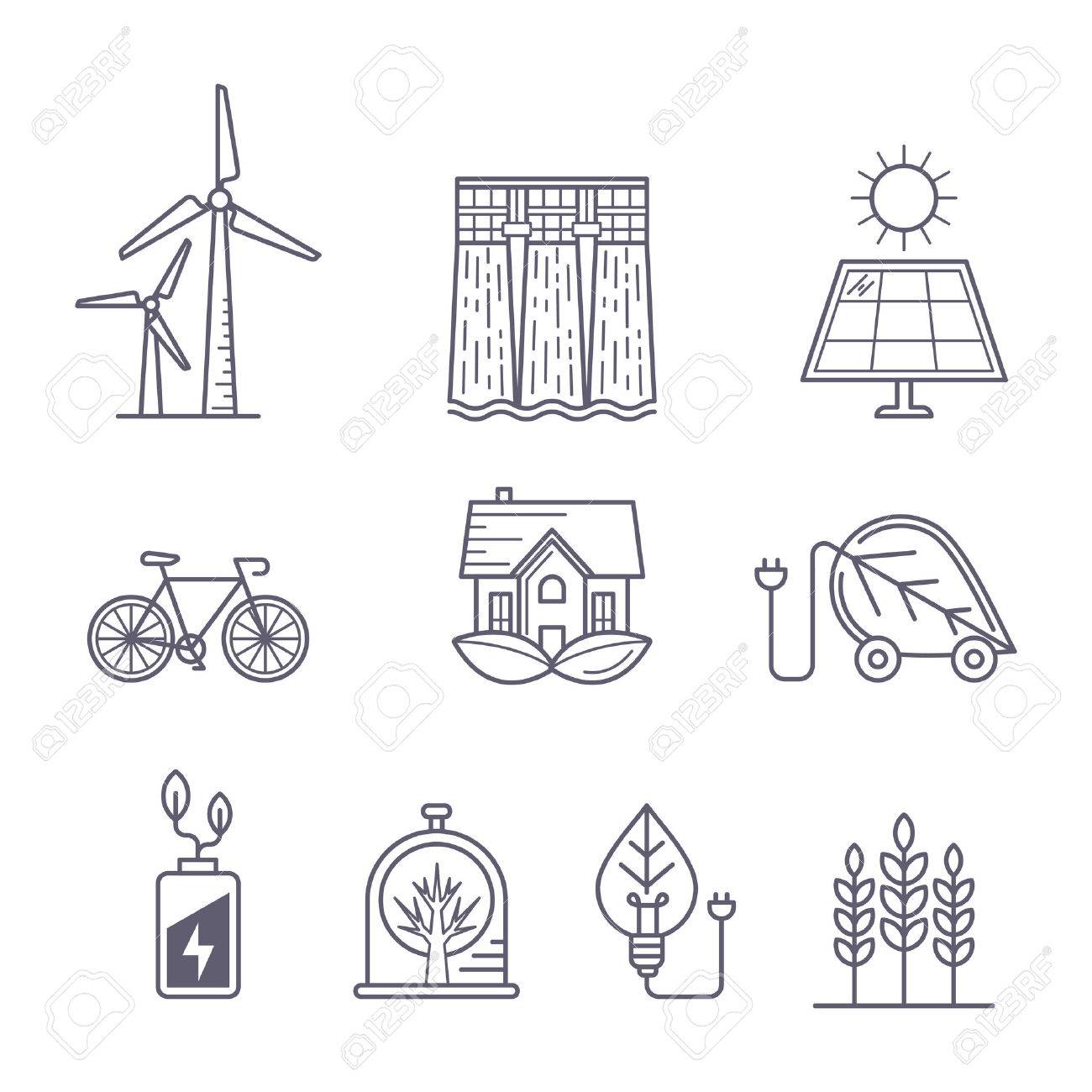 環境 エコロジー 生態系 緑の技術テーマのコンセプトです アウトラインのアイコンを設定します エコ交通 自然保護 太陽光発電 風車と水発電所のイラスト のイラスト素材 ベクタ Image