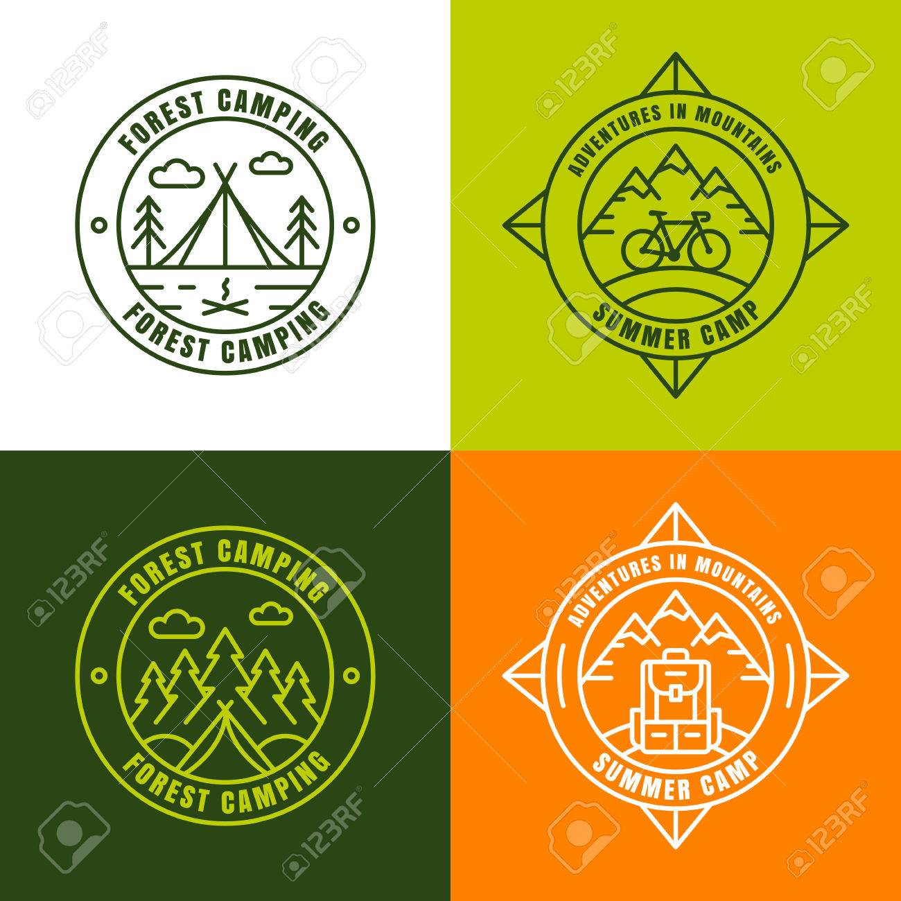 summer camping outline logo design elements set of badges
