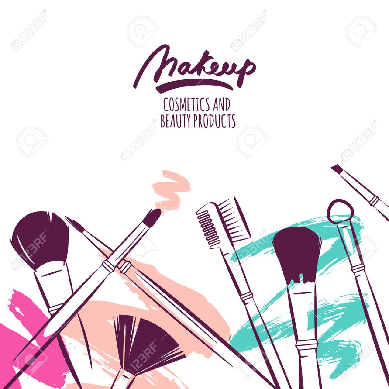 Watercolor hand drawn illustration of makeup brushes on colorful grunge background. Abstract vector banner design. Concept for beauty salon, cosmetics label, cosmetology procedures, visage and makeup. - 52176069 Watercolor hand drawn illustration of makeup brushes on colorful grunge background. Abstract vector banner design. Concept for beauty salon, cosmetics label, cosmetology procedures, visage and makeup. - 52176069