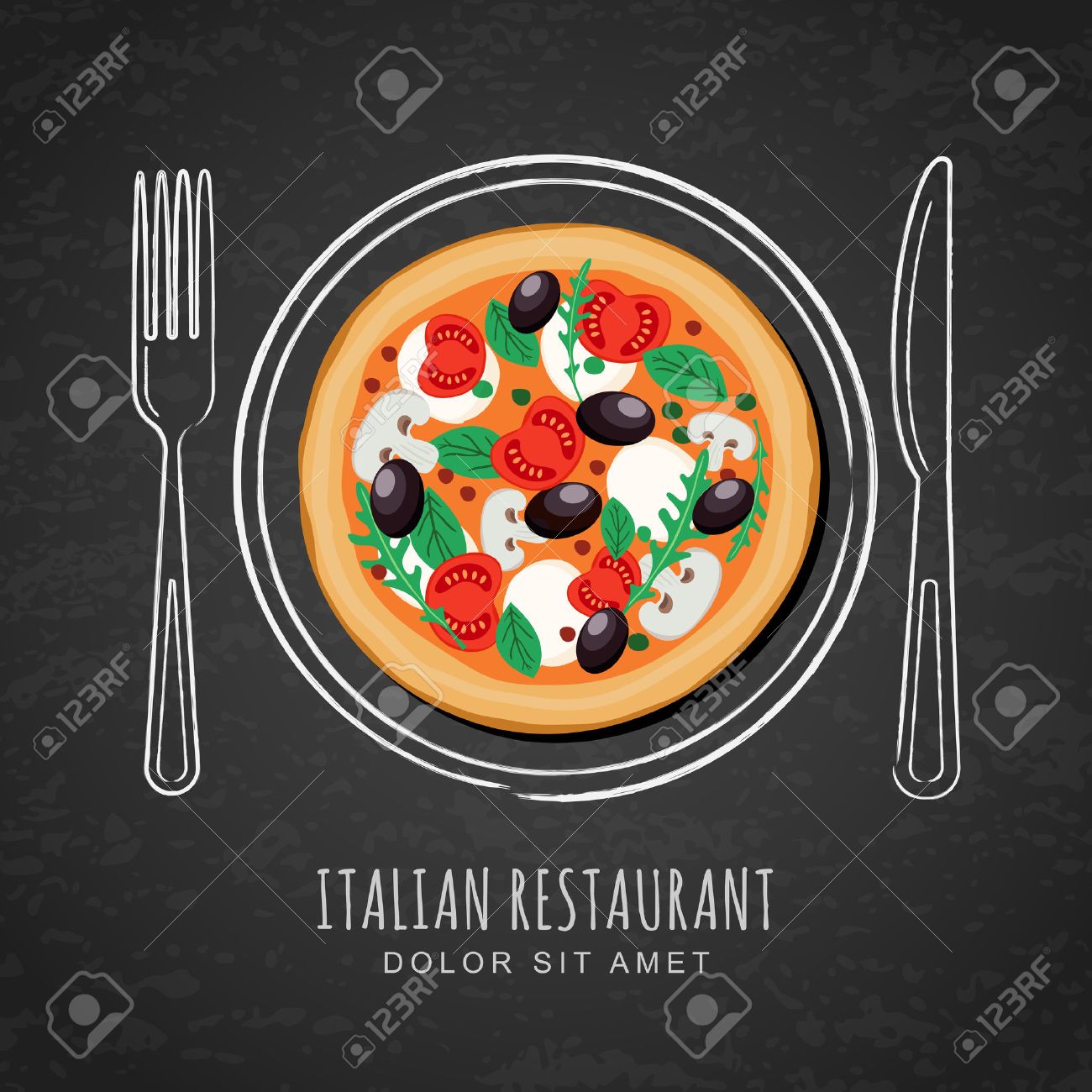 Italian pizza and hand drawing outline watercolor dish, fork and knife on textured black chalkboard background. Vector design for italian restaurant menu, cafe, pizzeria. Fast food background. - 54790172 Italian pizza and hand drawing outline watercolor dish, fork and knife on textured black chalkboard background. Vector design for italian restaurant menu, cafe, pizzeria. Fast food background. - 54790172