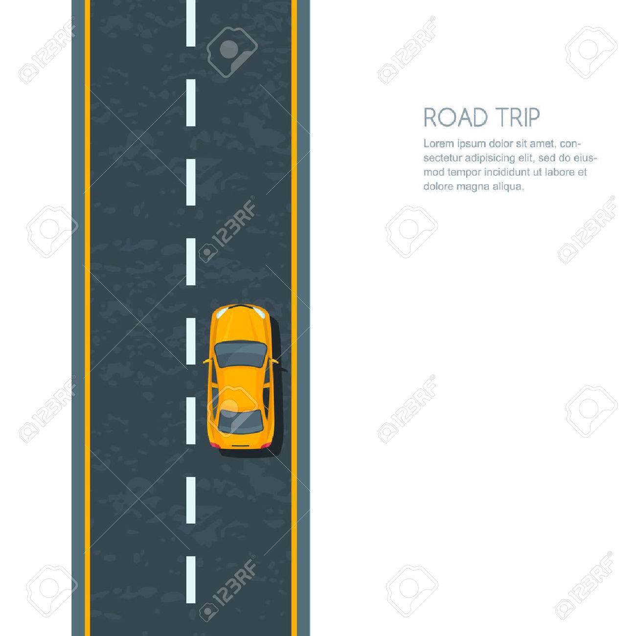 Vector illustration of highway and moving yellow car. Isolated road and automobile, top view. Road background with copy space. Street traffic and transport design concept. - 55628852 Vector illustration of highway and moving yellow car. Isolated road and automobile, top view. Road background with copy space. Street traffic and transport design concept. - 55628852