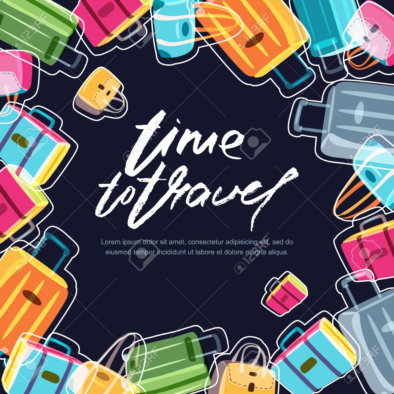 黒正方形バナー ポスター チラシ デザイン テンプレート多色の荷物 スーツケース バッグ 書道の文字をベクトルします 手描きのフレーム 夏の旅行と観光の背景のトレンディなコンセプト のイラスト素材 ベクタ Image