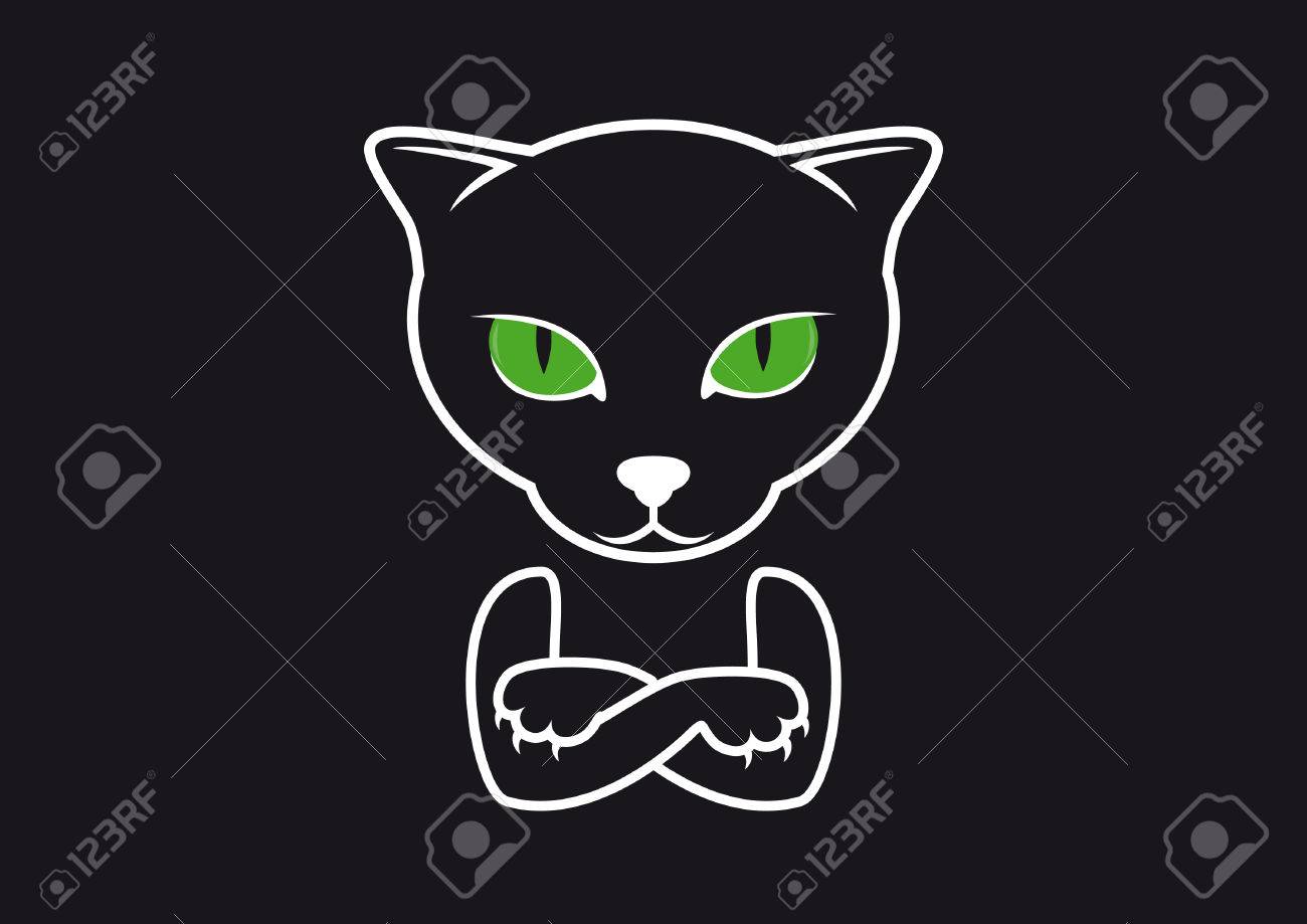 腕を組んで猫 黒い猫のシルエット 緑の目を持つ猫顔のイラスト素材 ベクタ Image