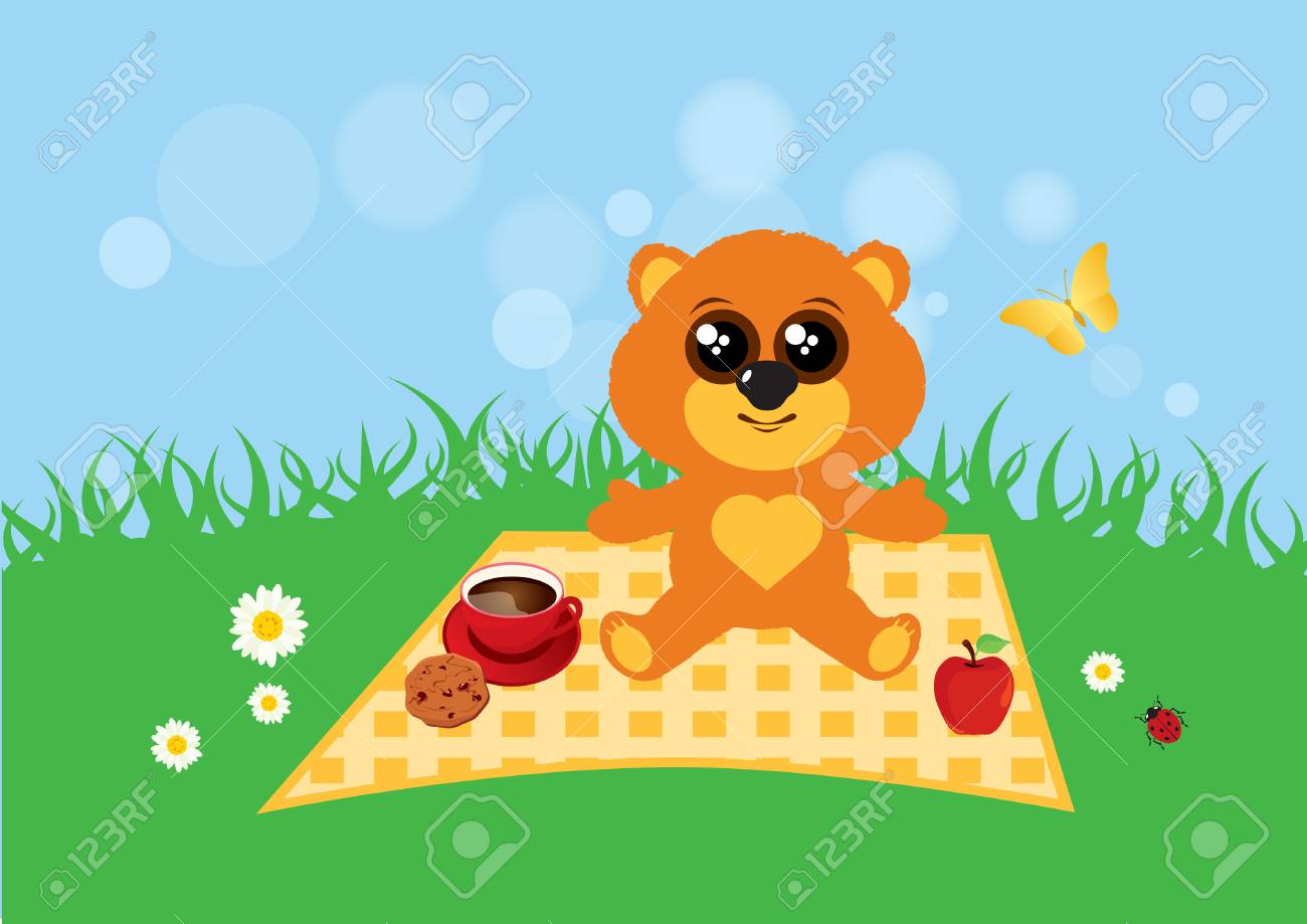 草原のベクトルのテディベア かわいいテディベアはベクトル イラストです 夏にはクマのぬいぐるみのイラスト素材 ベクタ Image