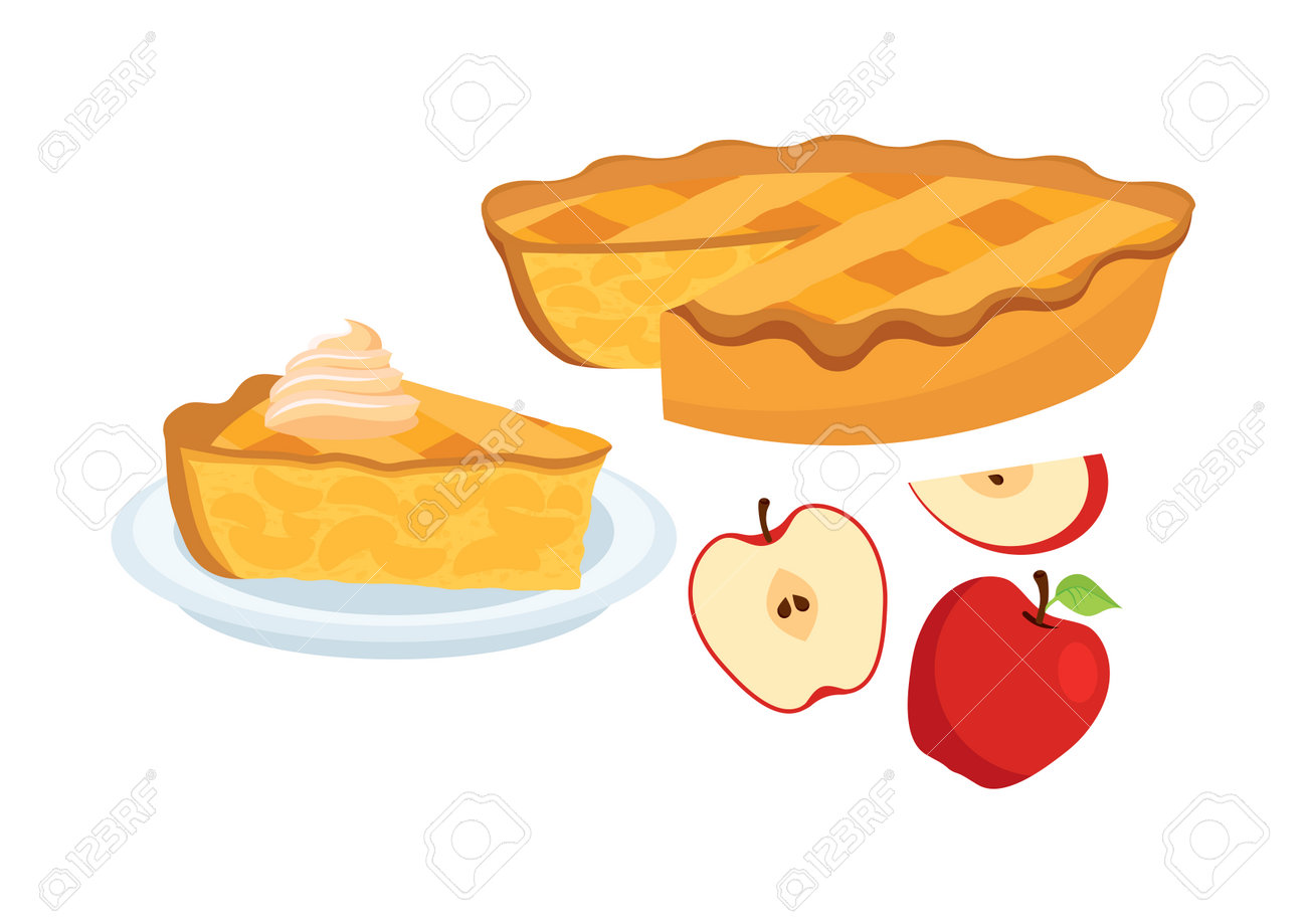 Sweet Traditional Apple Pie With Apples Icon Set Vector. Piece Of Apple Pie  Vector Icons. Cake With Apples And Whipped Cream Vector. Classic American  Sweet Pie Clip Art Isolated On A White, image size:1300x919