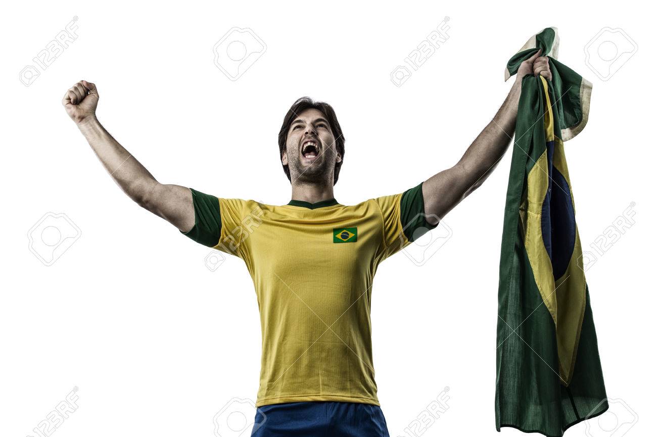 Brazilian soccer player, celebrating on a white background. - 27695778 Brazilian soccer player, celebrating on a white background. - 27695778