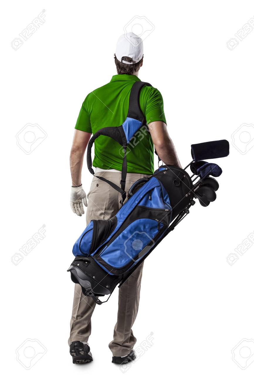 Golf Player in a green shirt walking with a bag of golf clubs on his back, on a white Background. - 53266049 Golf Player in a green shirt walking with a bag of golf clubs on his back, on a white Background. - 53266049
