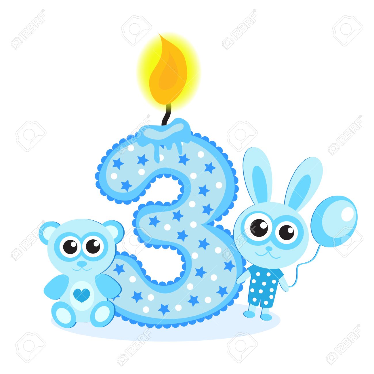 Happy Third Birthday Candle And Animals Isolated On White. The Number Three.  Blue Card For Boy Royalty Free SVG, Cliparts, Vectors, and Stock  Illustration. Image 58898817., image size:1300x1300