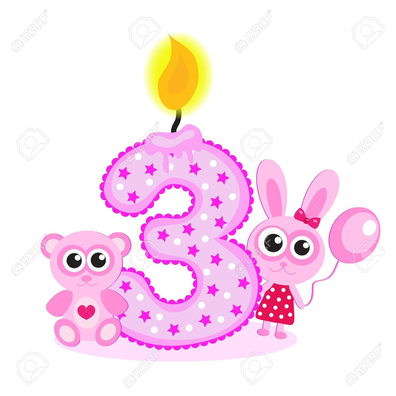Happy Third Birthday Candle And Animals Isolated On White. The Number Three.  The Pink Card For Girls Royalty Free SVG, Cliparts, Vectors, and Stock  Illustration. Image 58898861., image size:1300x1300